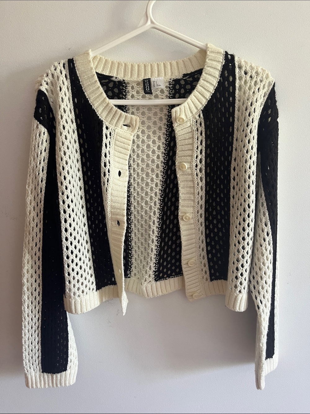 H&M Black and Cream Open-Knit Button Cardigan - Picture 3 of 3